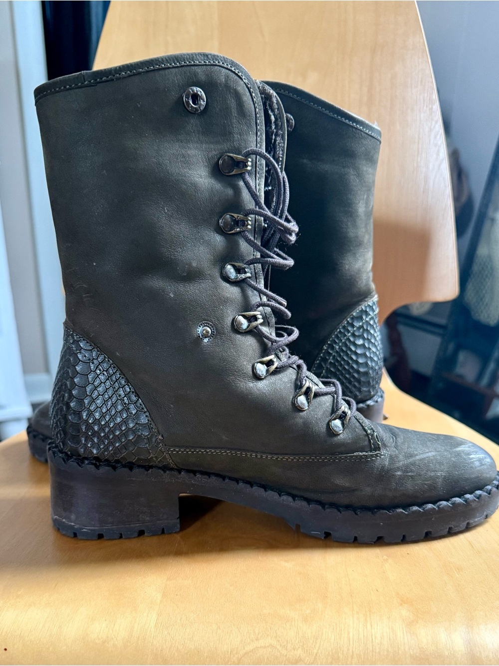 Women's Lace-Up Mid-Calf Boots in Olive Green with Textured Heel